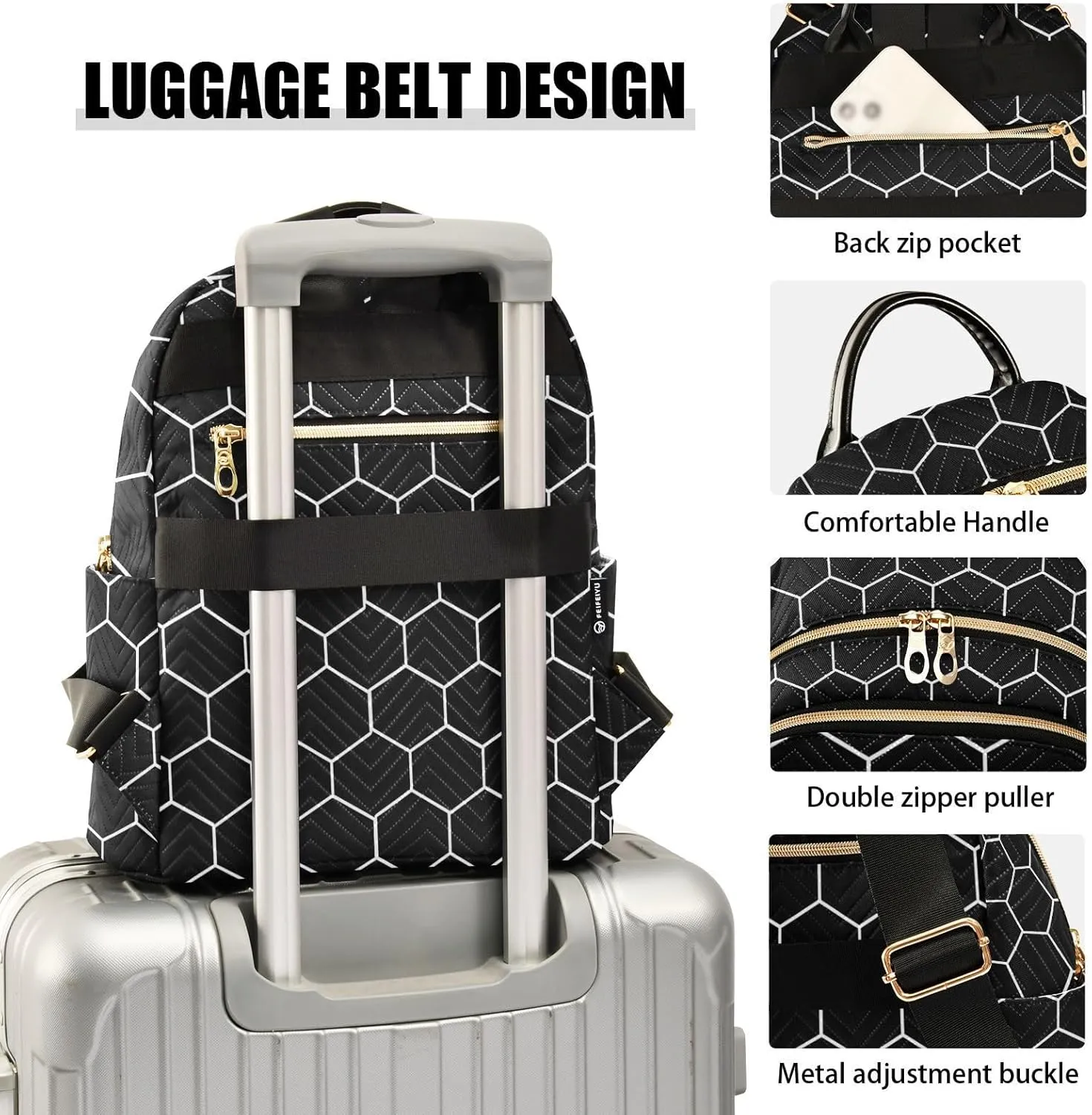 Women Fashion Backpack Purse Hexagonal Grids Black Background Mini Travel Backpack Ladies Shoulder Bag Work Daypack 14L