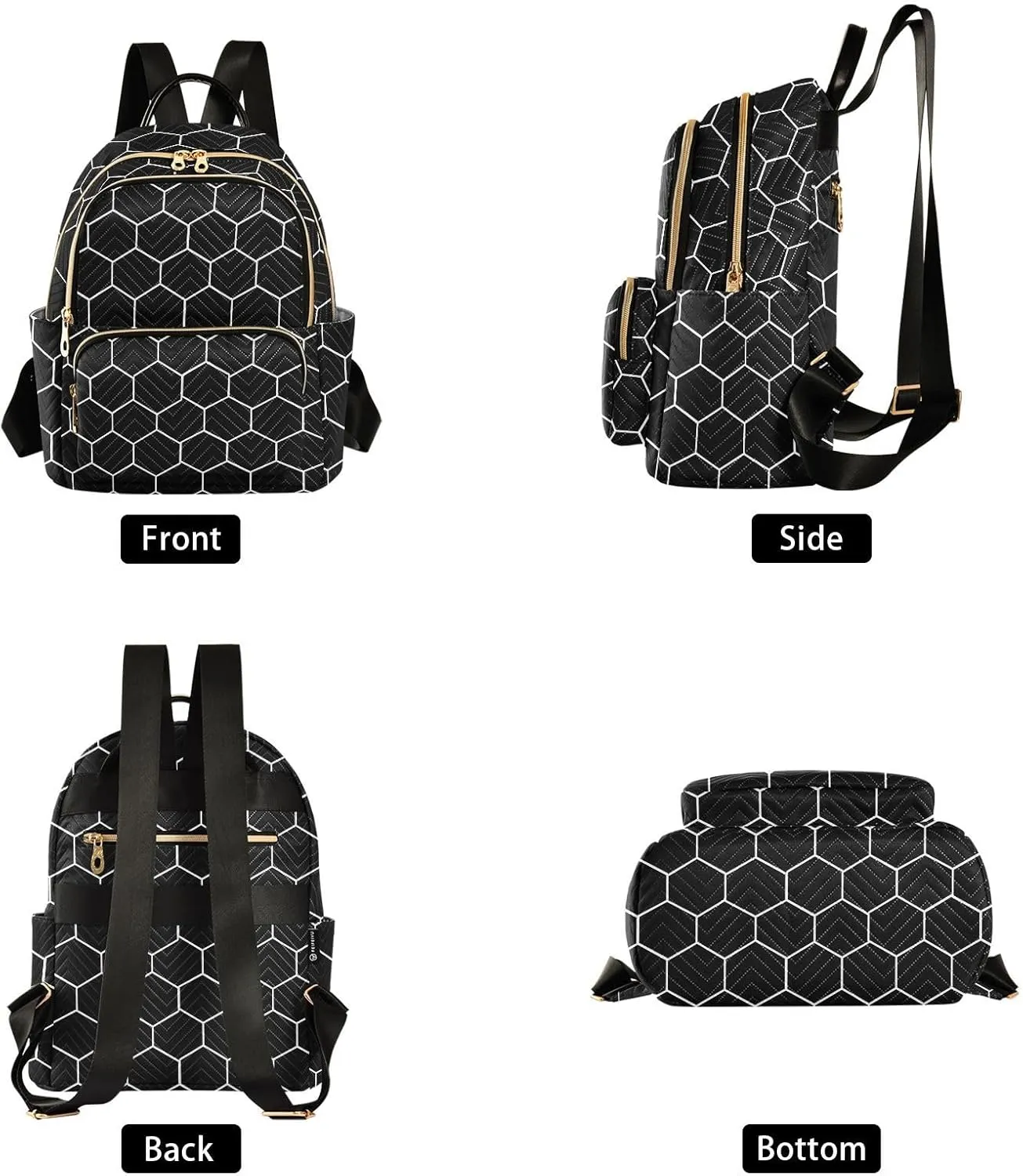 Women Fashion Backpack Purse Hexagonal Grids Black Background Mini Travel Backpack Ladies Shoulder Bag Work Daypack 14L
