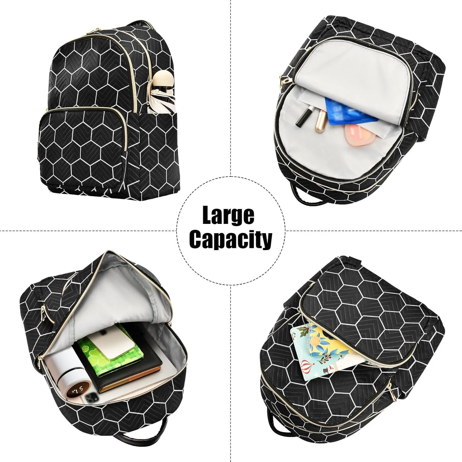 Women Fashion Backpack Purse Hexagonal Grids Black Background Mini Travel Backpack Ladies Shoulder Bag Work Daypack 14L
