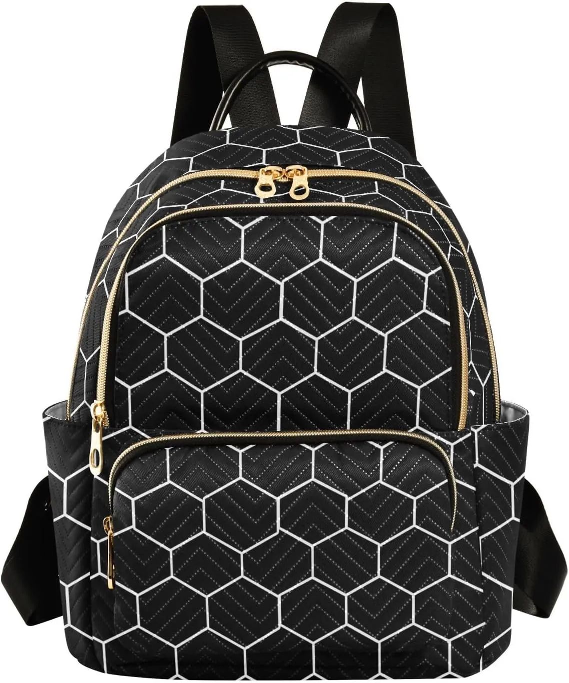 Women Fashion Backpack Purse Hexagonal Grids Black Background Mini Travel Backpack Ladies Shoulder Bag Work Daypack 14L