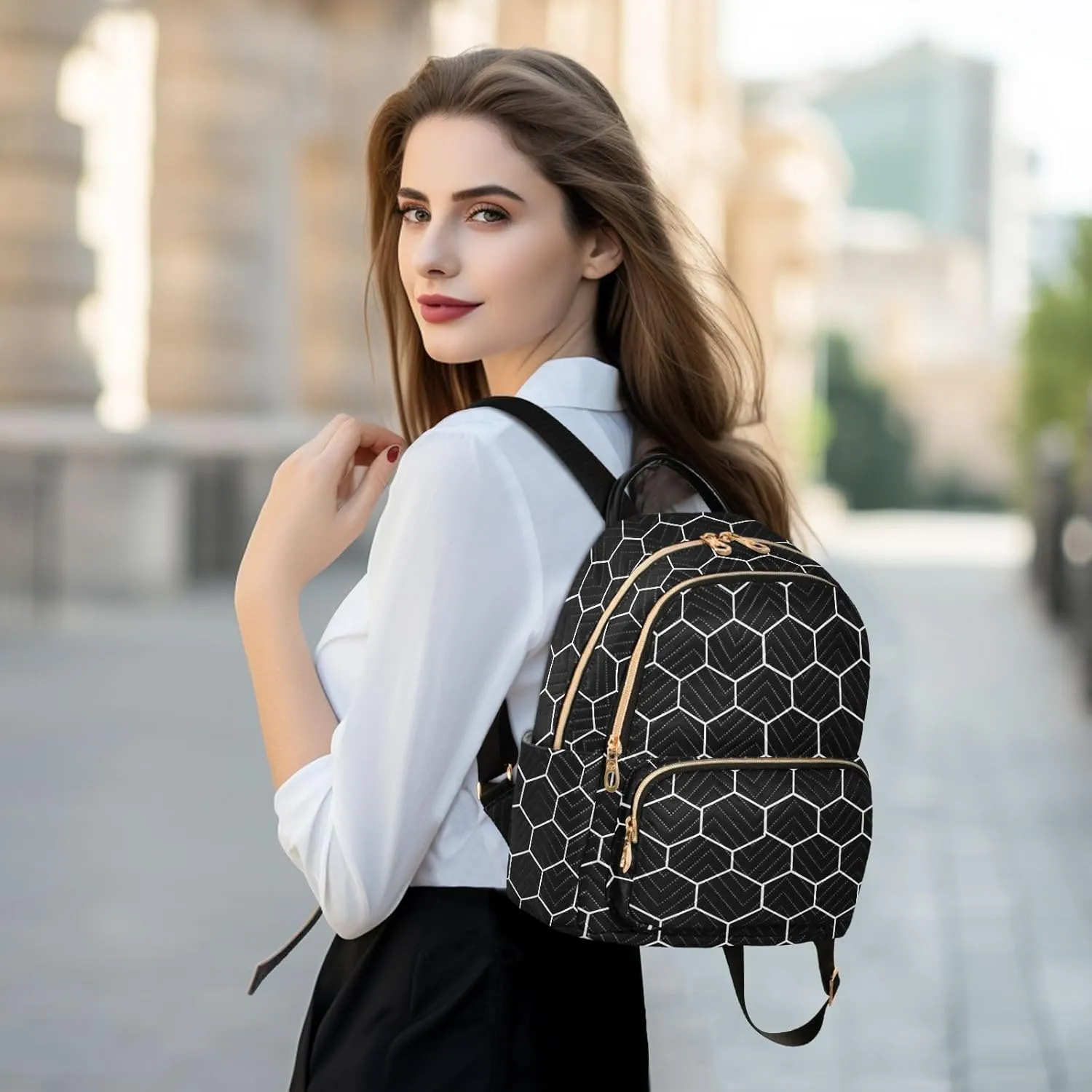 Women Fashion Backpack Purse Hexagonal Grids Black Background Mini Travel Backpack Ladies Shoulder Bag Work Daypack 14L