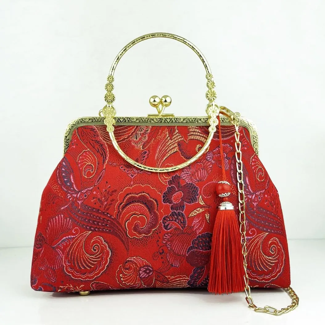 Women Girls Flowers Embroidered Top-handle Bag Chinese Vintage Kiss Lock Tote Handbag Wedding Party Evening Clutch Purse
