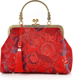 Women Girls Flowers Embroidered Top-handle Bag Chinese Vintage Kiss Lock Tote Handbag Wedding Party Evening Clutch Purse