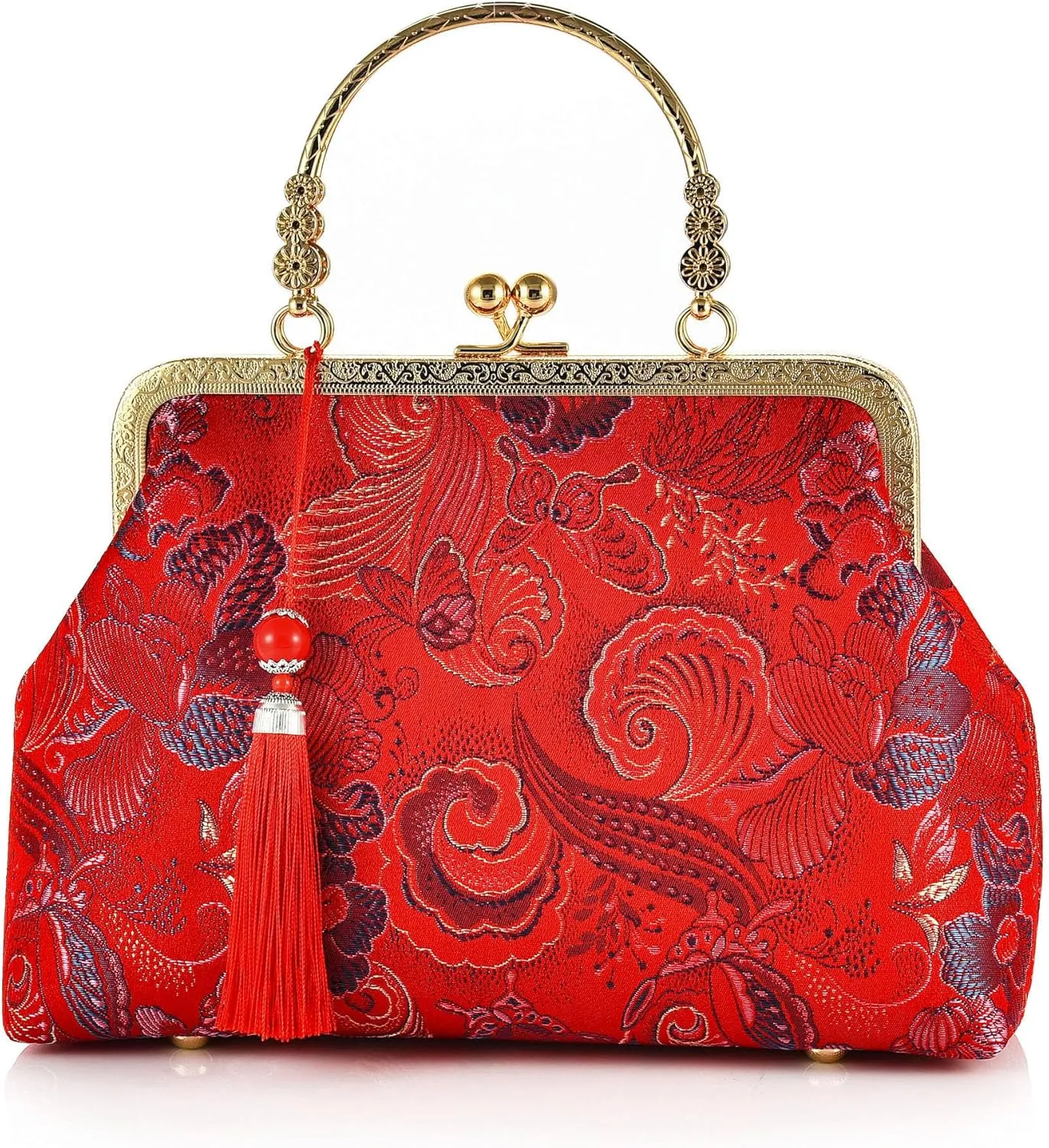 Women Girls Flowers Embroidered Top-handle Bag Chinese Vintage Kiss Lock Tote Handbag Wedding Party Evening Clutch Purse
