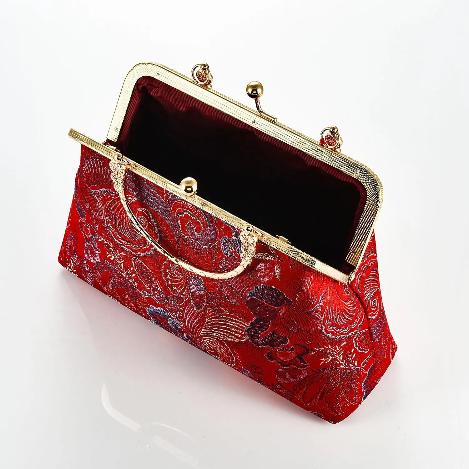 Women Girls Flowers Embroidered Top-handle Bag Chinese Vintage Kiss Lock Tote Handbag Wedding Party Evening Clutch Purse