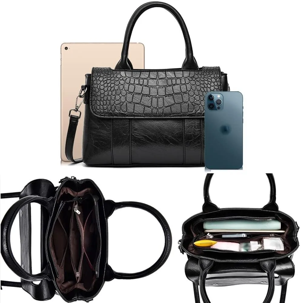 Women Handbag Faux Leather Top Handle Bag Flap Handbag Purse Totes with Detachable Long Shoulder Strap