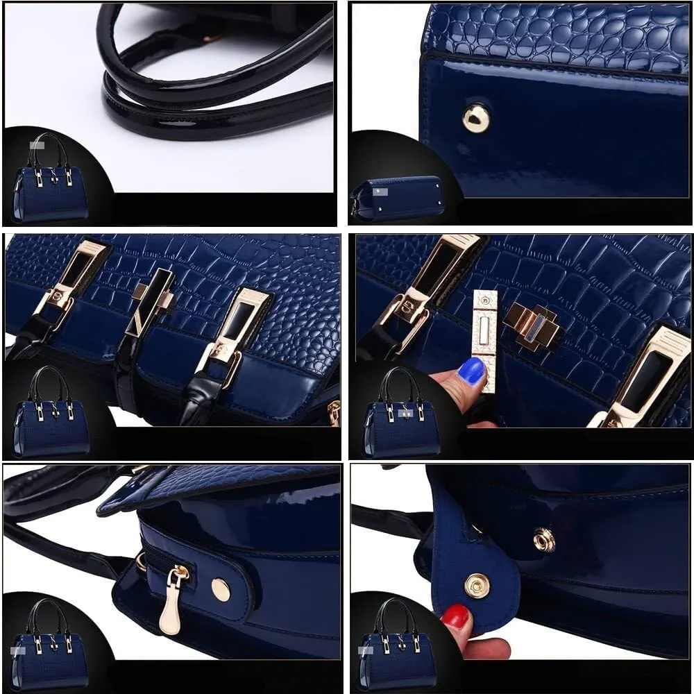 Women Handbag Leather Top Handle Handbag Crocodile Print Ladies Bright Large Capacity Bag with Adjustable Long Strap