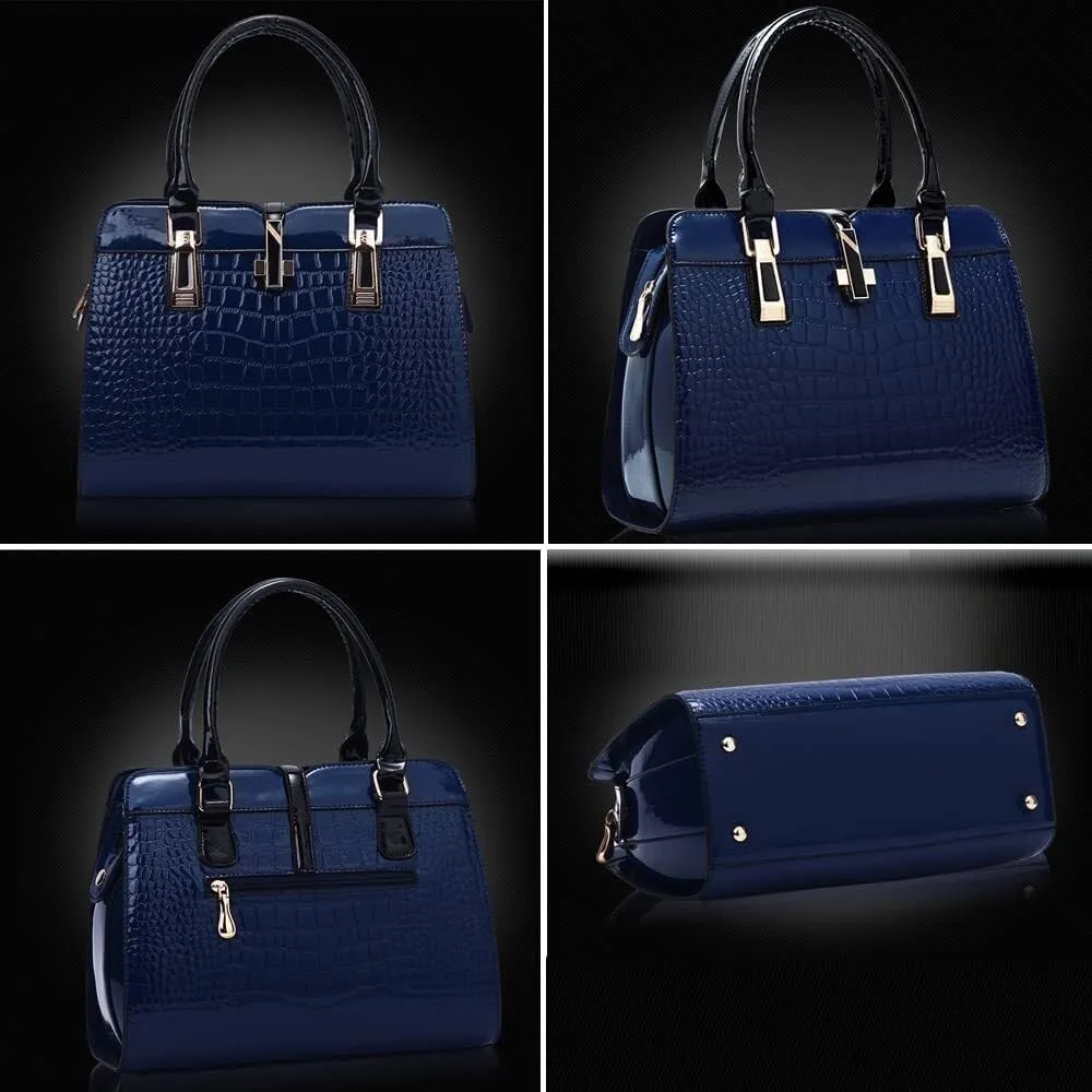 Women Handbag Leather Top Handle Handbag Crocodile Print Ladies Bright Large Capacity Bag with Adjustable Long Strap