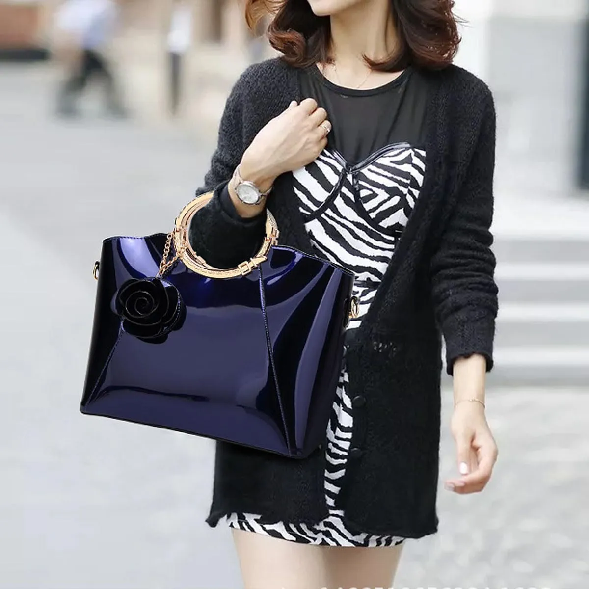 Women Handbag Purse Patent Leather Top-handle Bag Elegant Clutch Evening Bag Flower Pendant Shoulder Bag