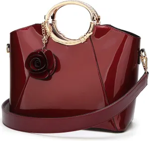 Women Handbag Purse Patent Leather Top-handle Bag Elegant Clutch Evening Bag Flower Pendant Shoulder Bag