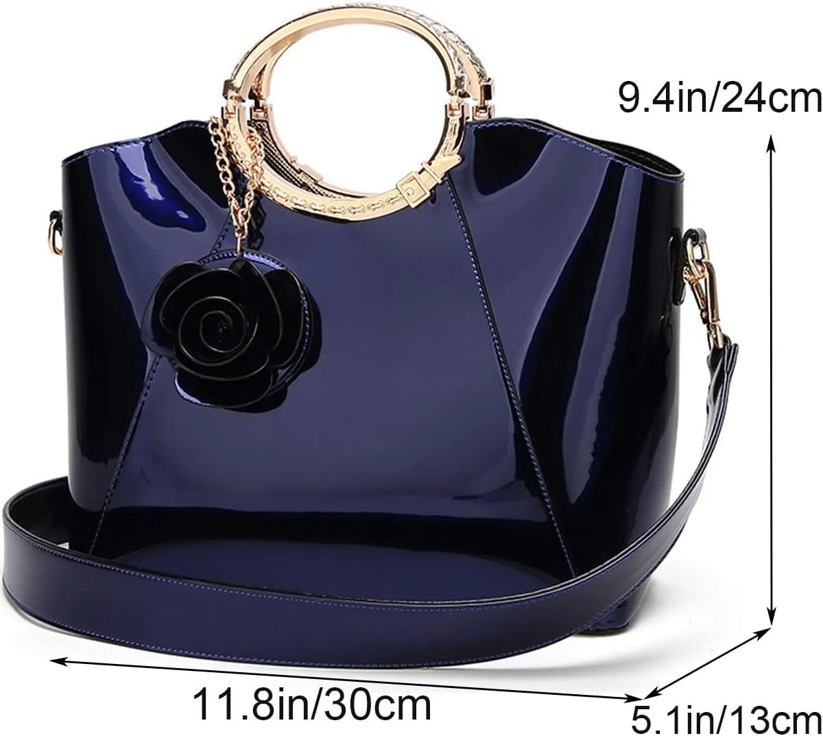 Women Handbag Purse Patent Leather Top-handle Bag Elegant Clutch Evening Bag Flower Pendant Shoulder Bag