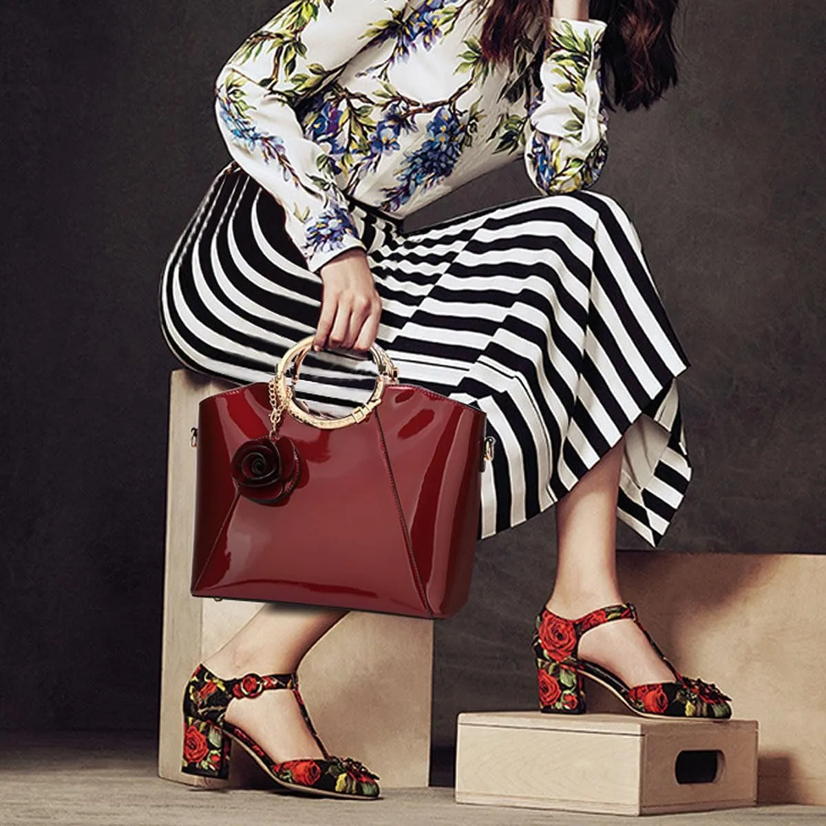 Women Handbag Purse Patent Leather Top-handle Bag Elegant Clutch Evening Bag Flower Pendant Shoulder Bag