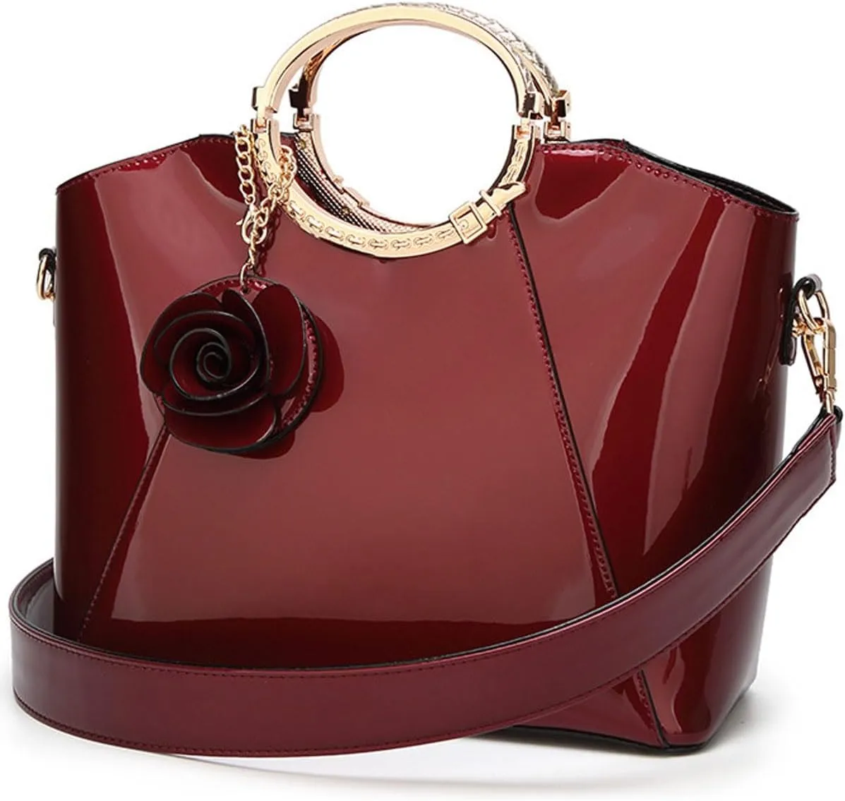 Women Handbag Purse Patent Leather Top-handle Bag Elegant Clutch Evening Bag Flower Pendant Shoulder Bag