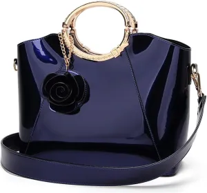 Women Handbag Purse Patent Leather Top-handle Bag Elegant Clutch Evening Bag Flower Pendant Shoulder Bag
