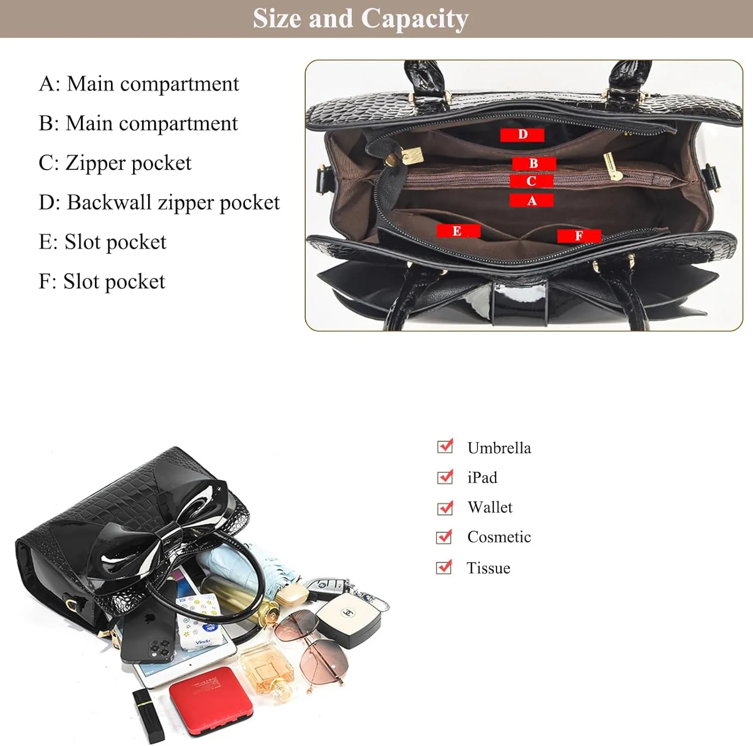 Women Handbag Purse Top Handle Shoulder Crossbody Bag with Bow Design