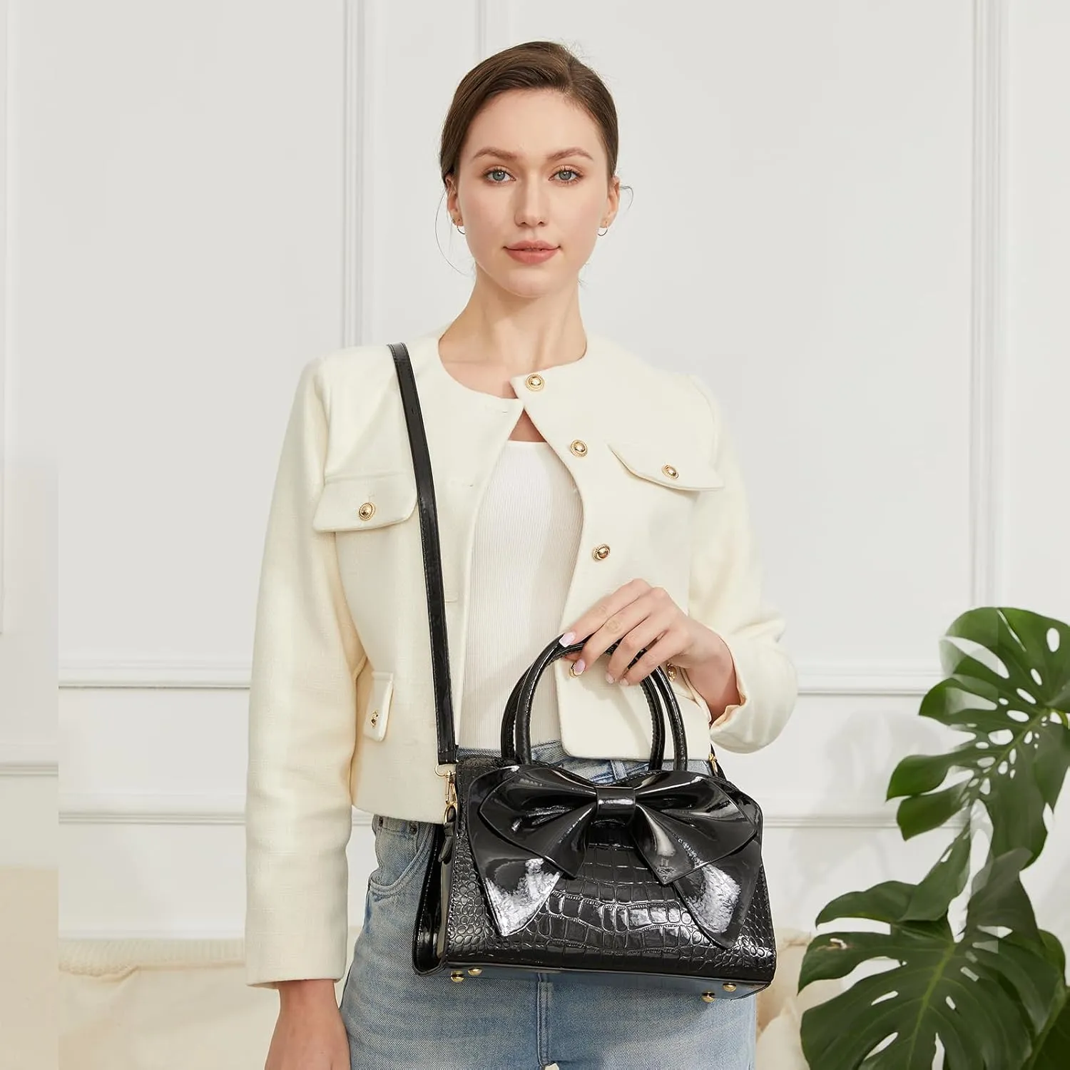 Women Handbag Purse Top Handle Shoulder Crossbody Bag with Bow Design
