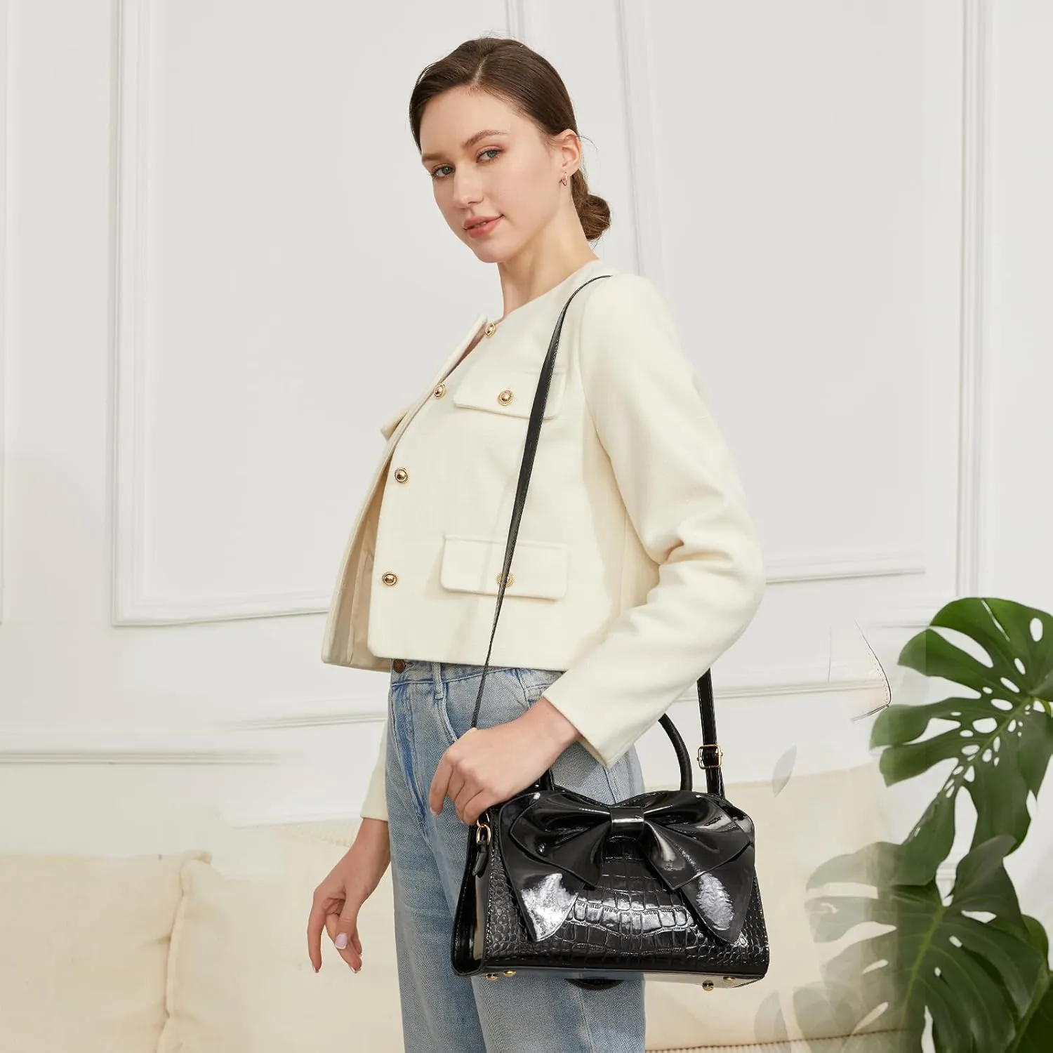 Women Handbag Purse Top Handle Shoulder Crossbody Bag with Bow Design