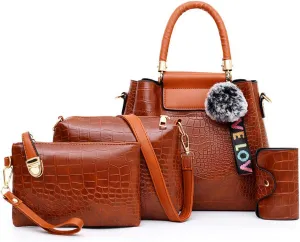 Women Handbags PU Alligator Leather Top Handle Messenger Bag Wallet Card Hold 4 Pcs Set