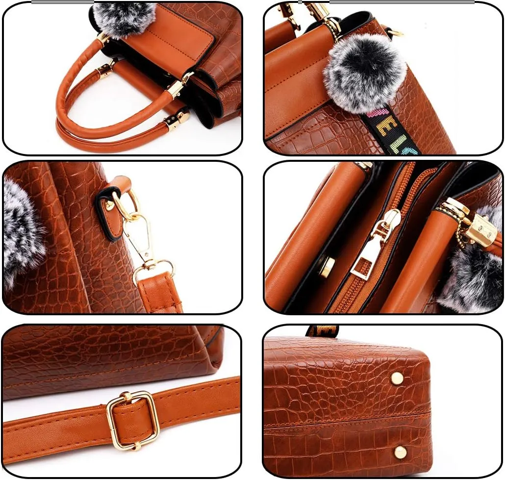 Women Handbags PU Alligator Leather Top Handle Messenger Bag Wallet Card Hold 4 Pcs Set
