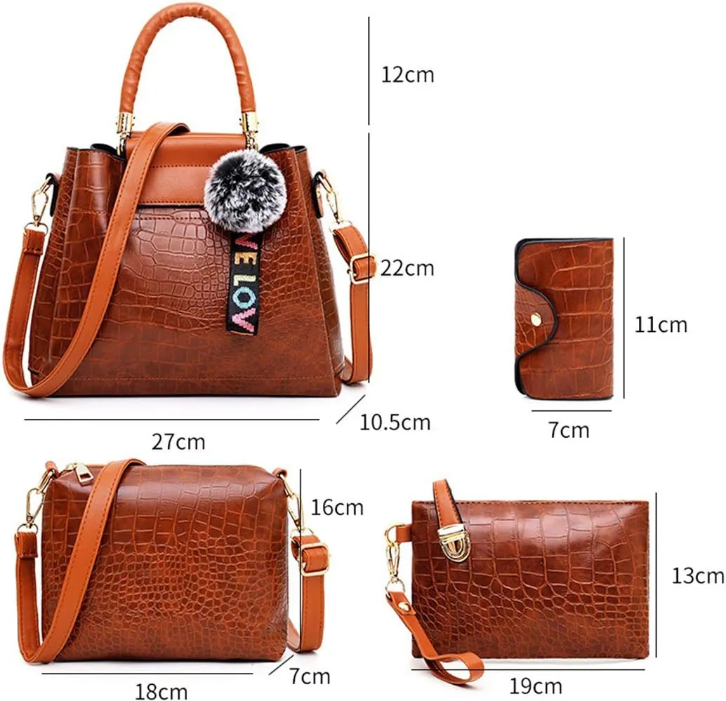 Women Handbags PU Alligator Leather Top Handle Messenger Bag Wallet Card Hold 4 Pcs Set
