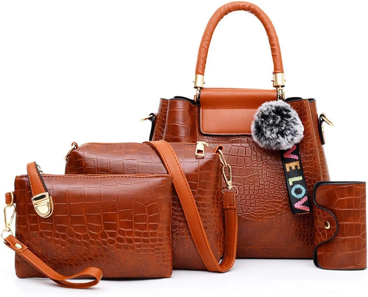 Women Handbags PU Alligator Leather Top Handle Messenger Bag Wallet Card Hold 4 Pcs Set