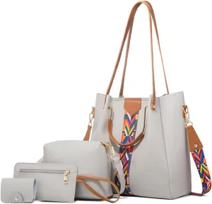 Women Handbags Sets Leather Purses Color Woven Tape Tote Bags Shoulder Crossbody Bag Top Handle Bag Wallet 4Pcs