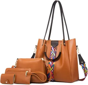 Women Handbags Sets Vegan Leather Purses Color Woven Tape Tote Bags Shoulder Crossbody Top Handle Bag Wallet 4Pcs