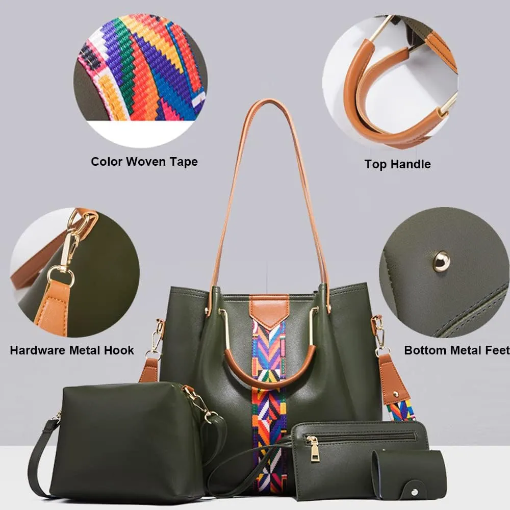 Women Handbags Sets Vegan Leather Purses Color Woven Tape Tote Bags Shoulder Crossbody Top Handle Bag Wallet 4Pcs