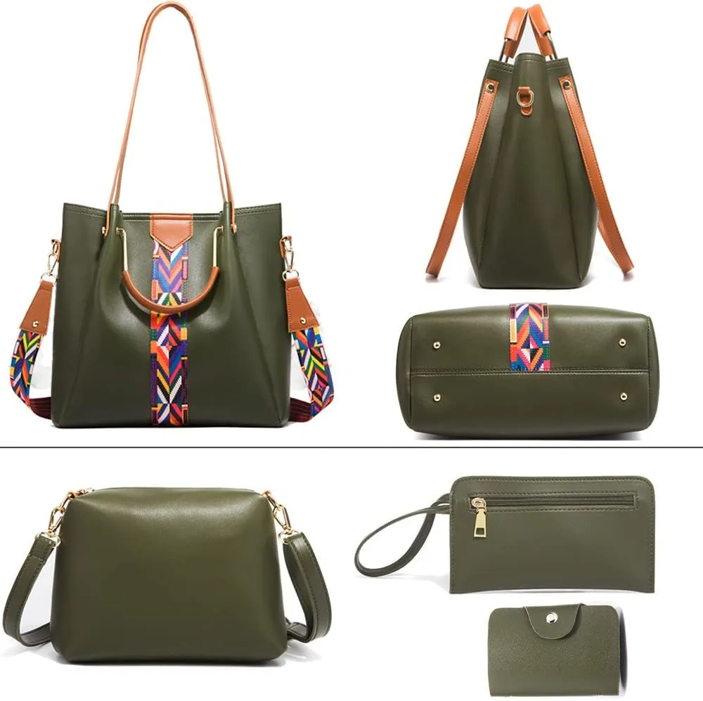 Women Handbags Sets Vegan Leather Purses Color Woven Tape Tote Bags Shoulder Crossbody Top Handle Bag Wallet 4Pcs