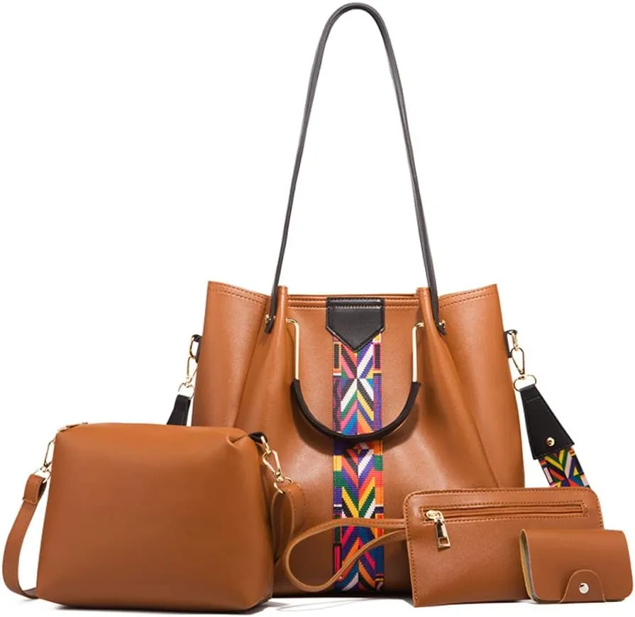 Women Handbags Sets Vegan Leather Purses Color Woven Tape Tote Bags Shoulder Crossbody Top Handle Bag Wallet 4Pcs