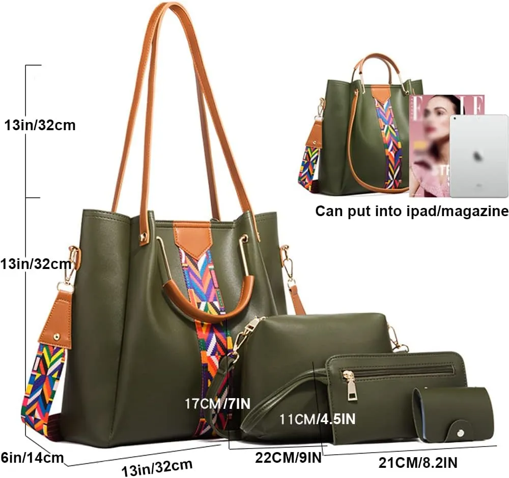 Women Handbags Sets Vegan Leather Purses Color Woven Tape Tote Bags Shoulder Crossbody Top Handle Bag Wallet 4Pcs