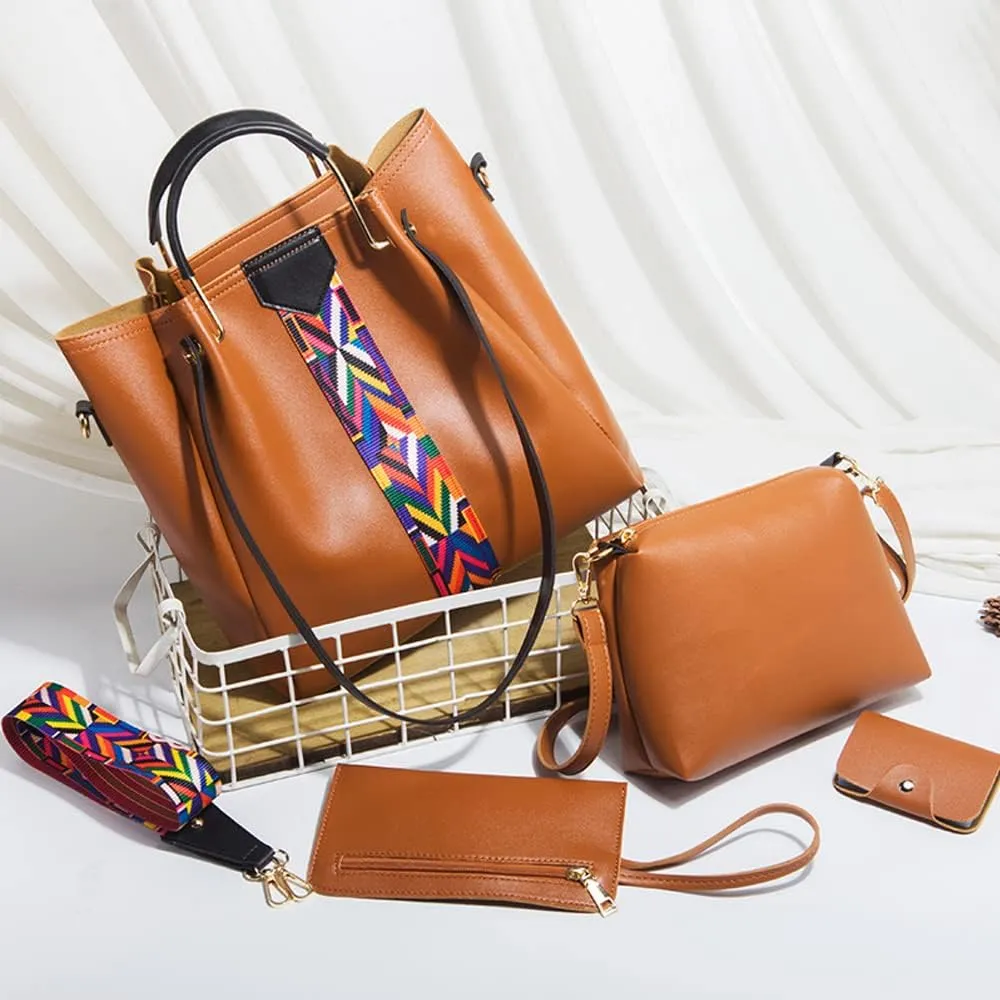 Women Handbags Sets Vegan Leather Purses Color Woven Tape Tote Bags Shoulder Crossbody Top Handle Bag Wallet 4Pcs