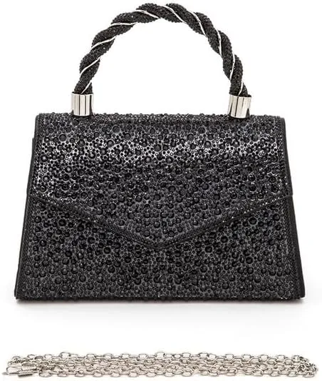 Women Luxury Rhinestone Top Handle Clutch Bag – Elegant Evening Handbag with Shoulder Chain for Weddings, Parties