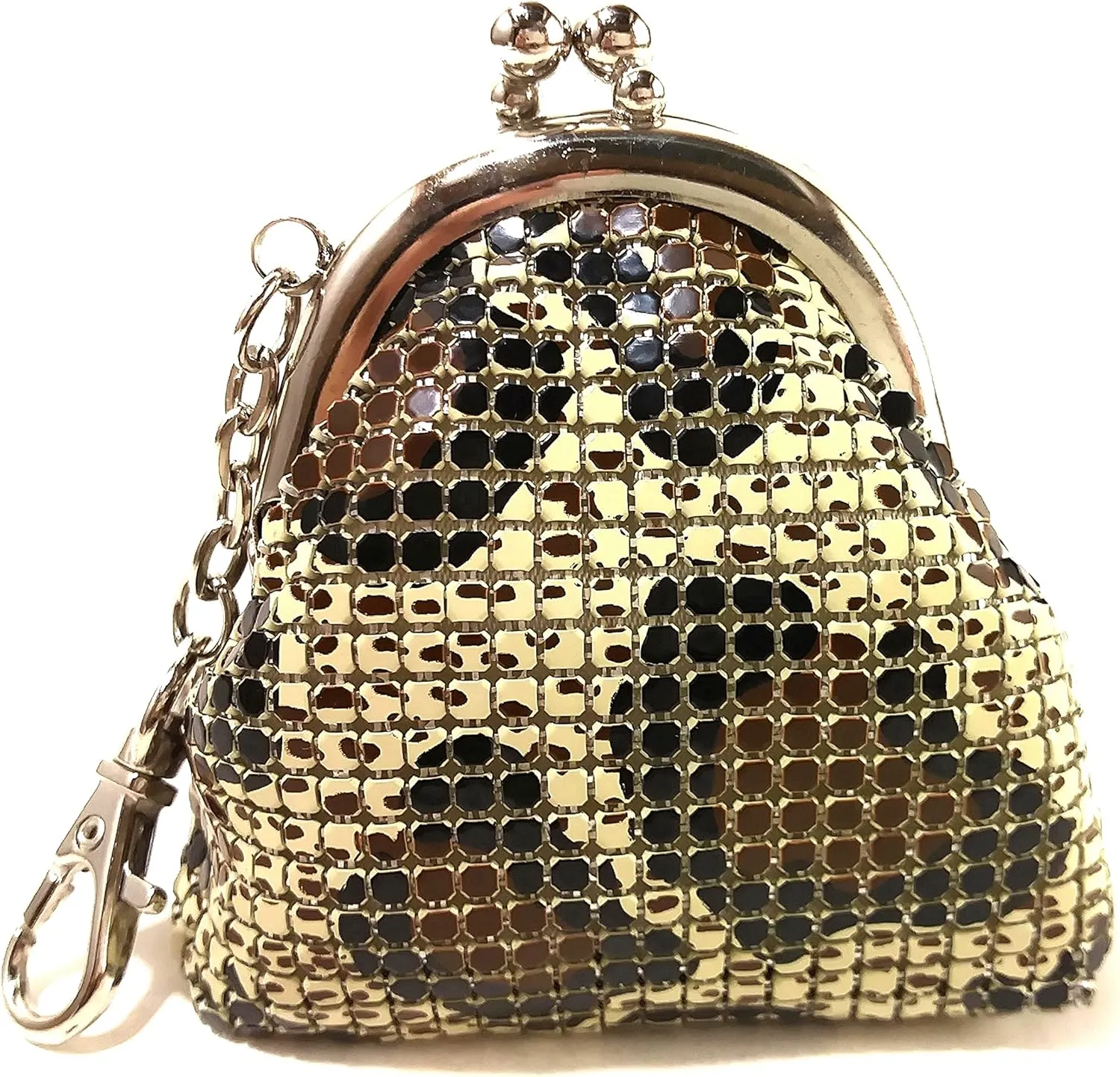 Women Mini Coin Purse Metal Mesh Kiss Lock Clasp Buckle Pouch (Beige Animal)