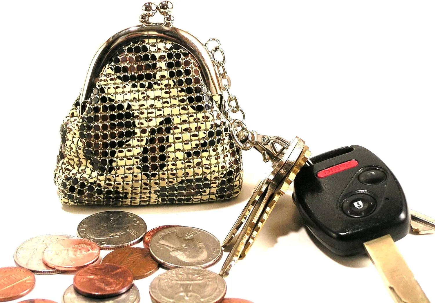 Women Mini Coin Purse Metal Mesh Kiss Lock Clasp Buckle Pouch (Beige Animal)