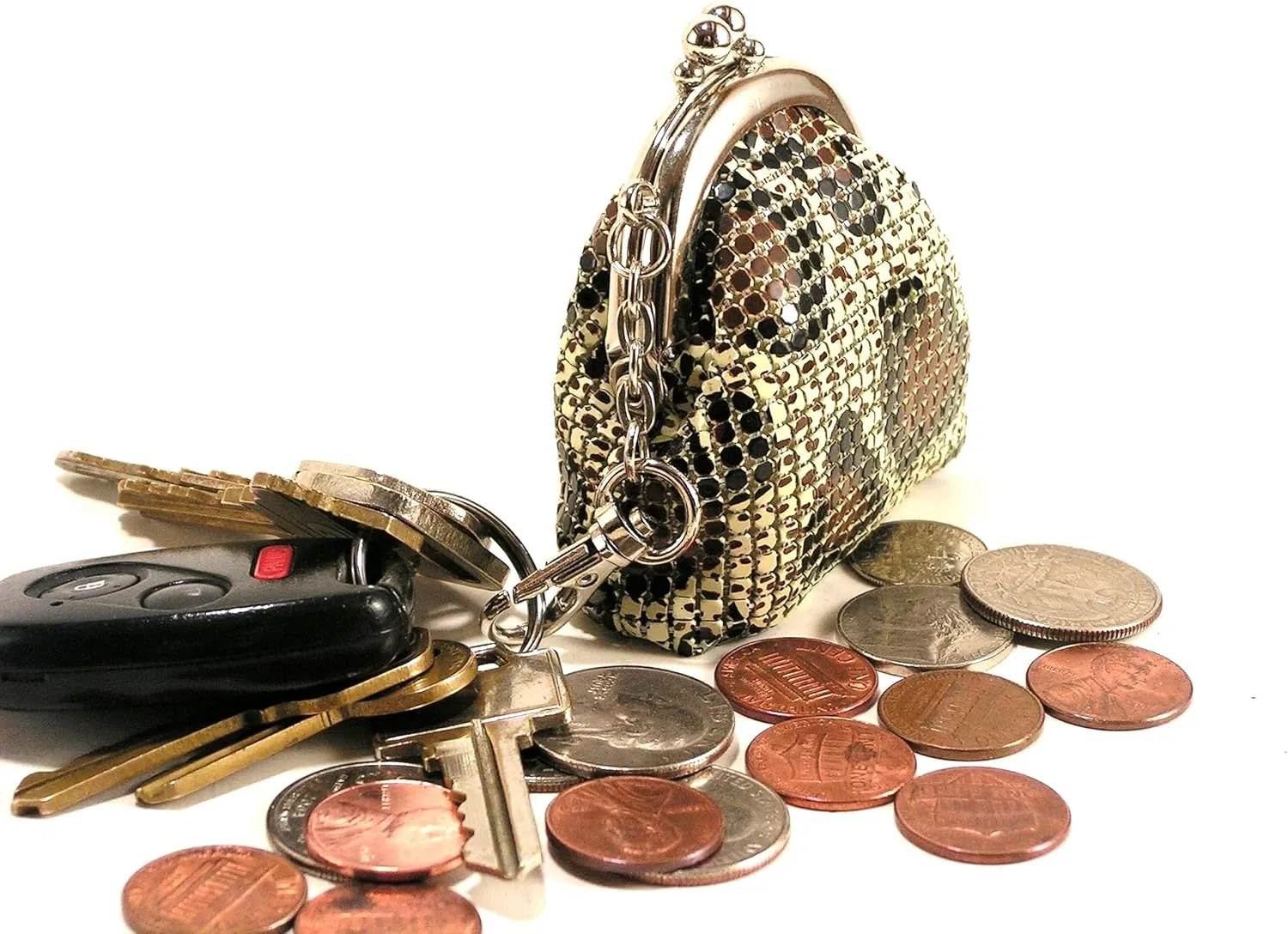 Women Mini Coin Purse Metal Mesh Kiss Lock Clasp Buckle Pouch (Beige Animal)