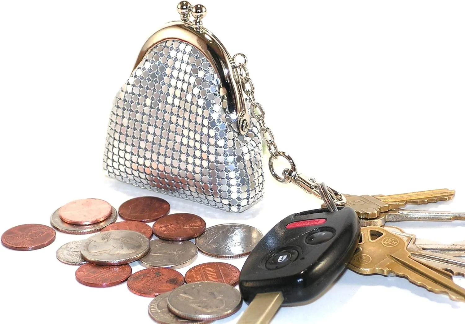 Women Mini Coin Purse Metal Mesh Kiss Lock Clasp Buckle Pouch (Silver)