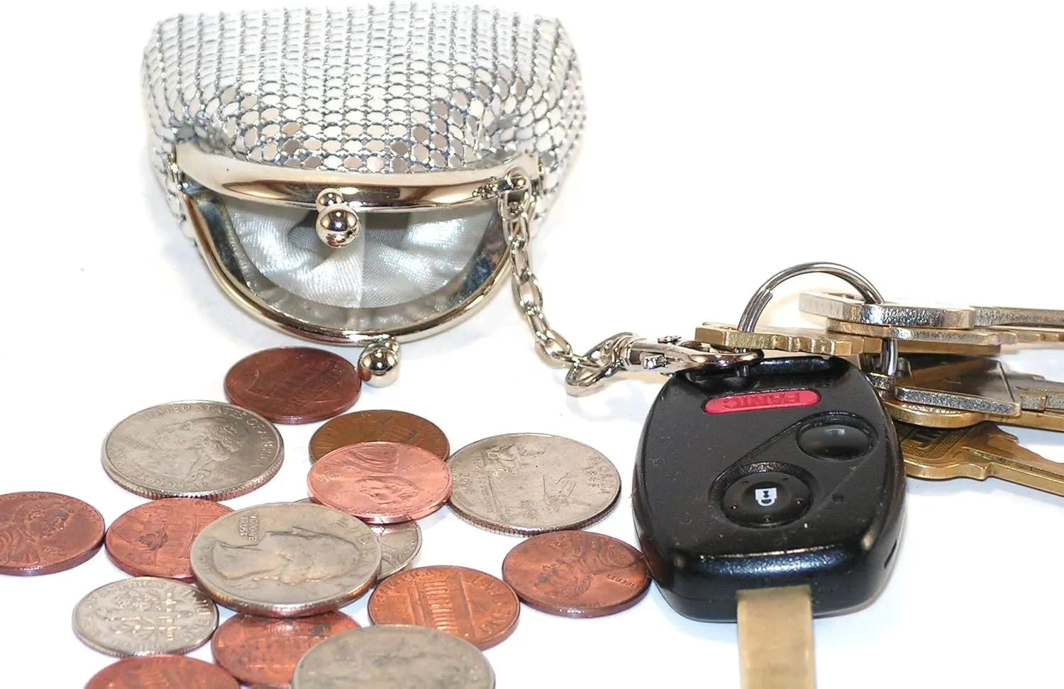 Women Mini Coin Purse Metal Mesh Kiss Lock Clasp Buckle Pouch (Silver)