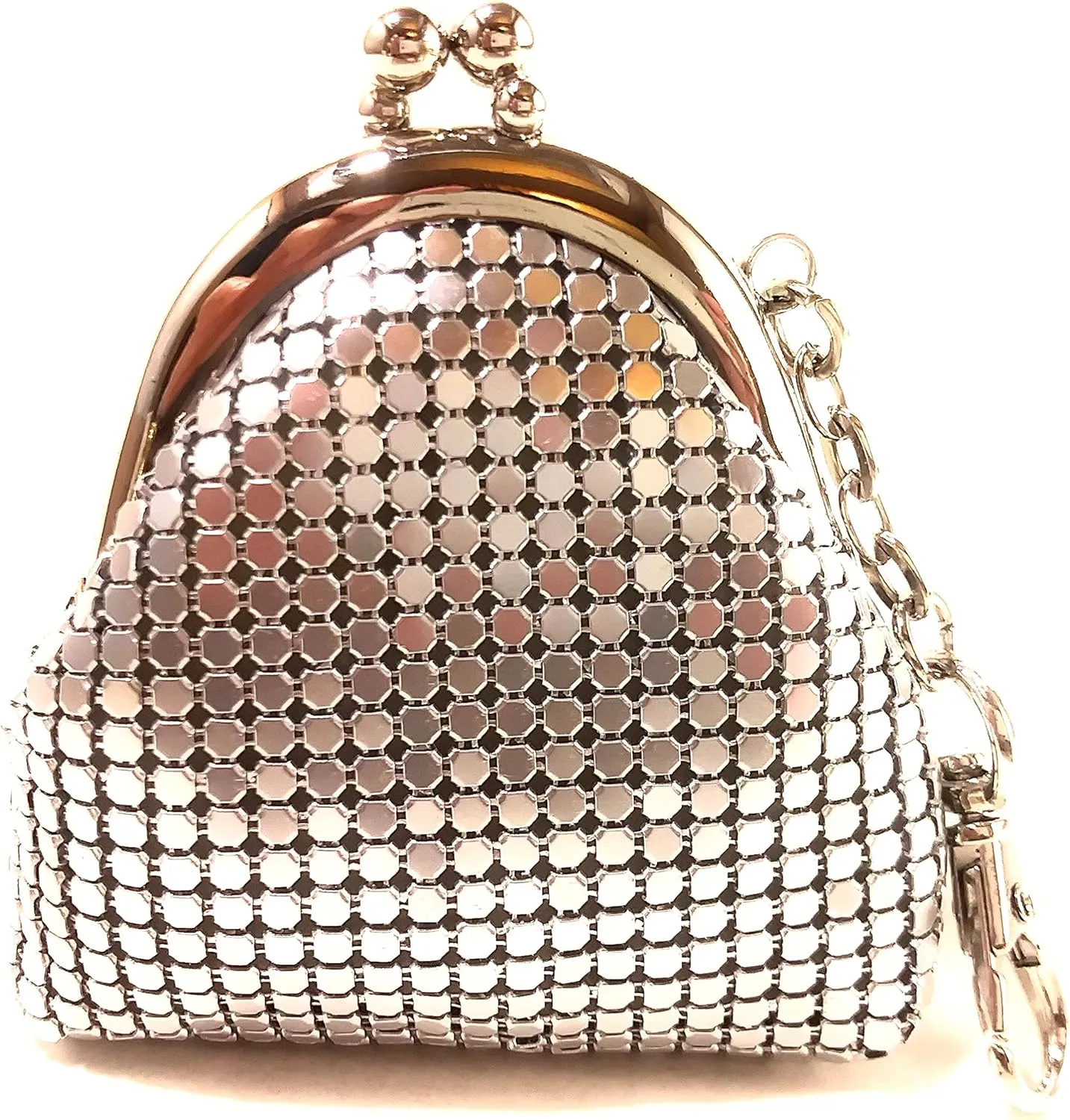 Women Mini Coin Purse Metal Mesh Kiss Lock Clasp Buckle Pouch (Silver)