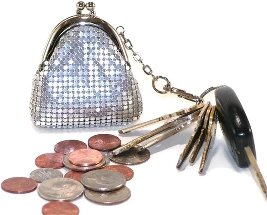 Women Mini Coin Purse Metal Mesh Kiss Lock Clasp Buckle Pouch (Silver)