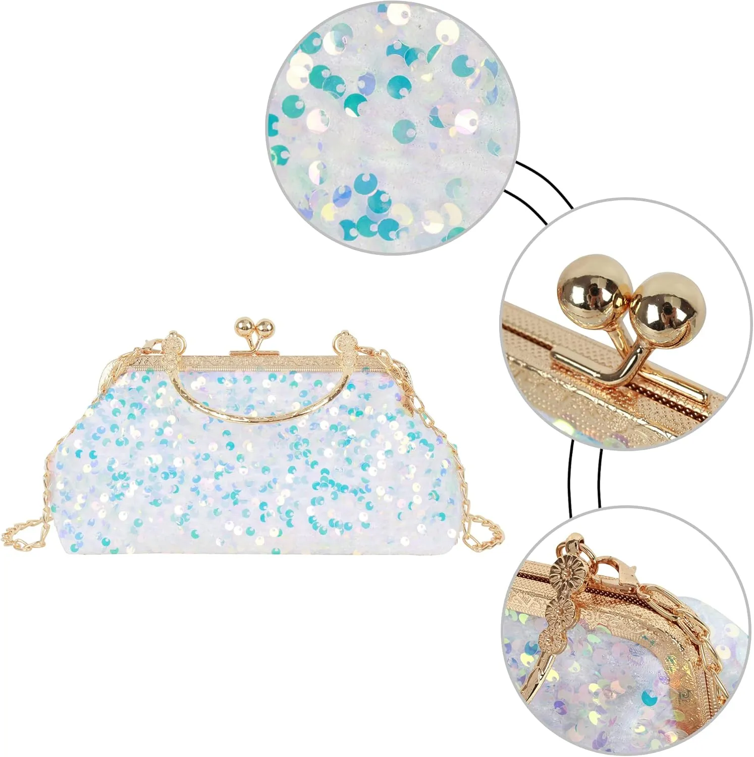 Women Mini Glitter Sequin Evening Handbag Clutch Metal Top-handle Bag Chain Strap Cross-body Bag