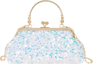 Women Mini Glitter Sequin Evening Handbag Clutch Metal Top-handle Bag Chain Strap Cross-body Bag
