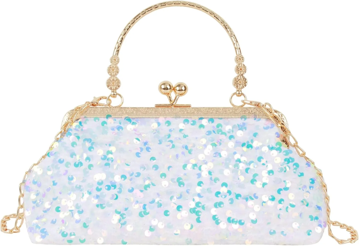 Women Mini Glitter Sequin Evening Handbag Clutch Metal Top-handle Bag Chain Strap Cross-body Bag