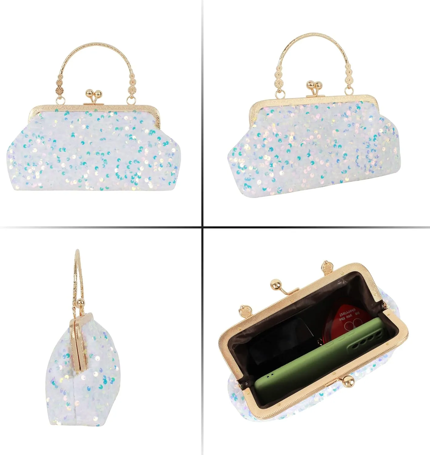 Women Mini Glitter Sequin Evening Handbag Clutch Metal Top-handle Bag Chain Strap Cross-body Bag