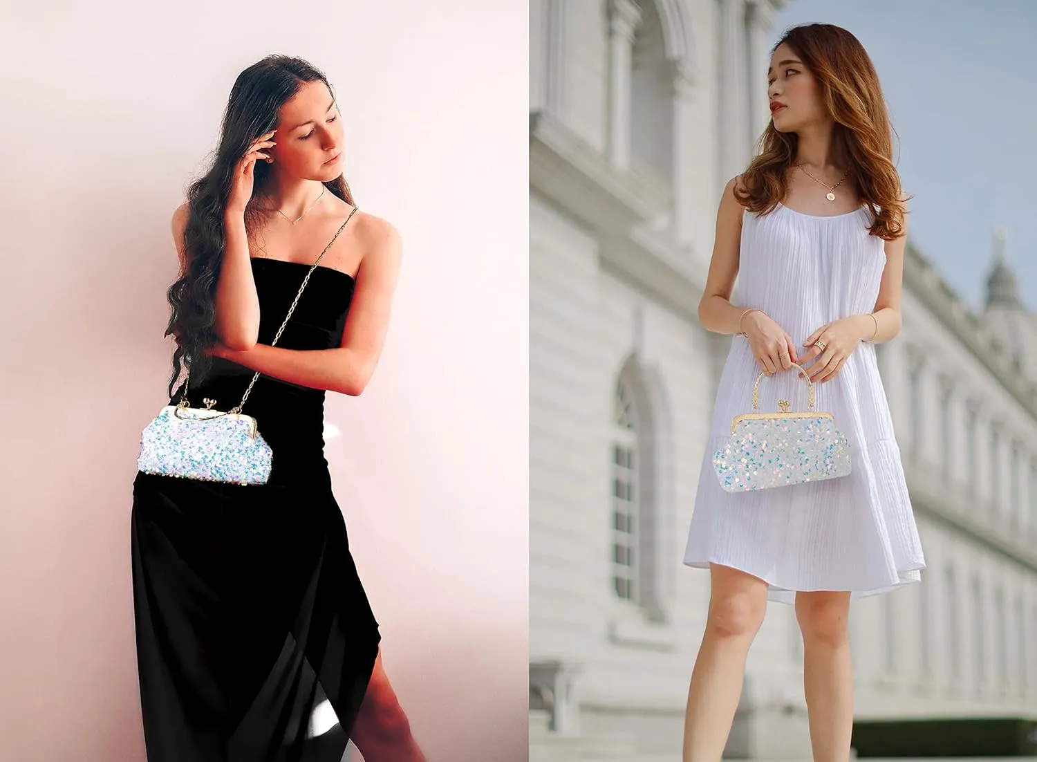Women Mini Glitter Sequin Evening Handbag Clutch Metal Top-handle Bag Chain Strap Cross-body Bag