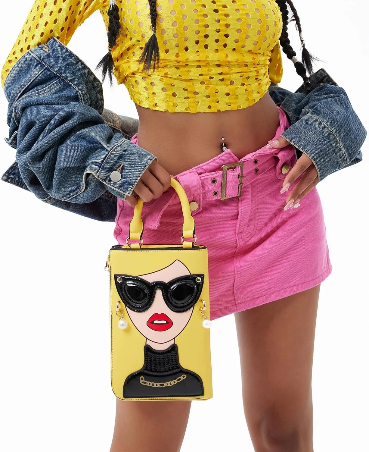 Women Novelty Lady Face Shoulder Bags Funky PU Leather Top Handle Satchel Handbags Clutch Purse for Women