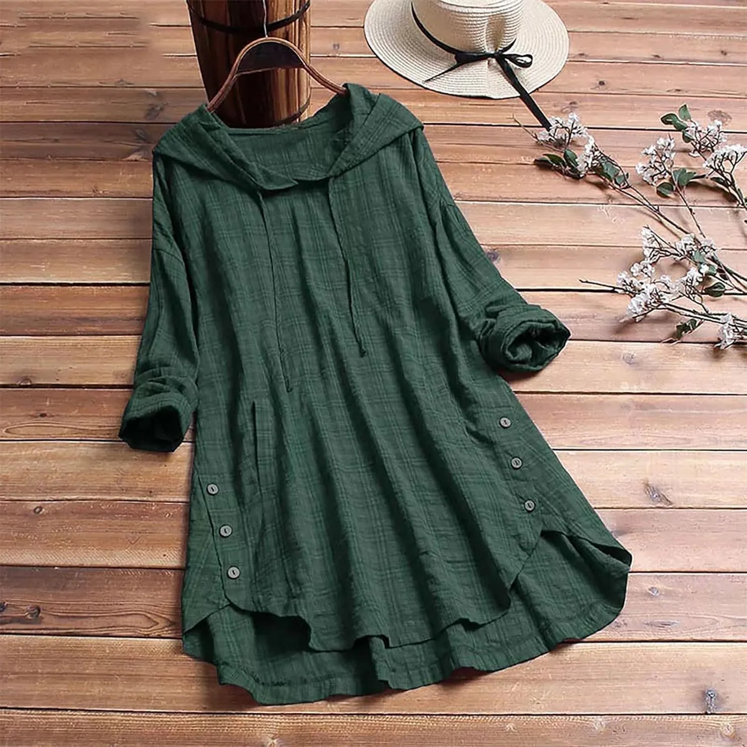 Women Plus Size Hooded Dress Tops Cotton Linen Long Sleeve Shirts Blouse Fall Fashion Flowy Tunic Hide Belly Shirts