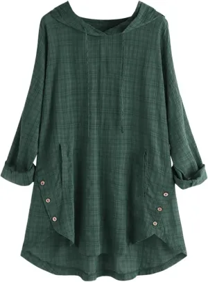 Women Plus Size Hooded Dress Tops Cotton Linen Long Sleeve Shirts Blouse Fall Fashion Flowy Tunic Hide Belly Shirts