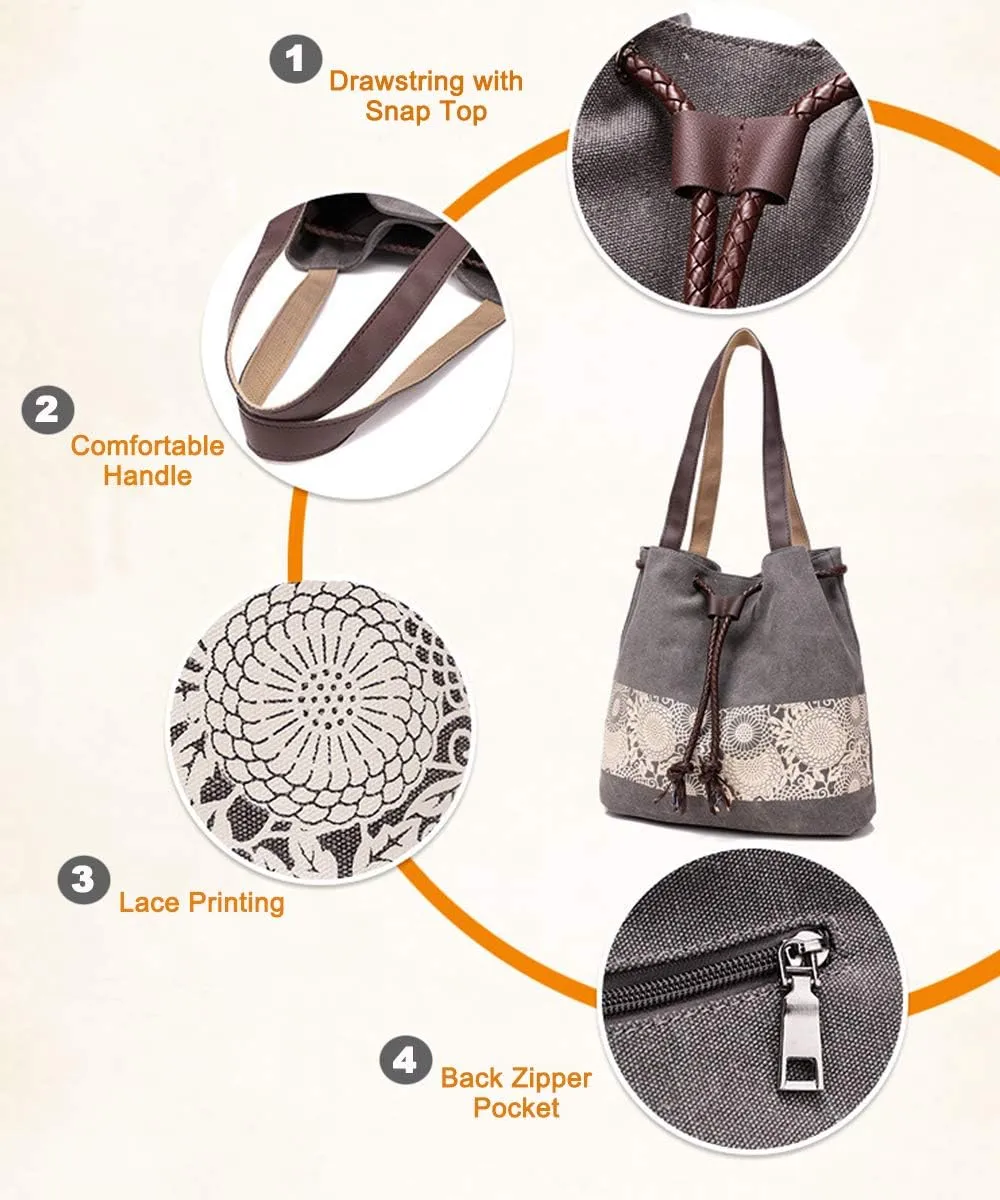 Women Printing Canvas Shoulder Bag Casual Handbags Purse Retro Tote