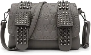 Women Punk Skull Shoulder Top-Handle Bag Goth Rivet Purse Handbag PU Leather Chain Satchel Tote Grey